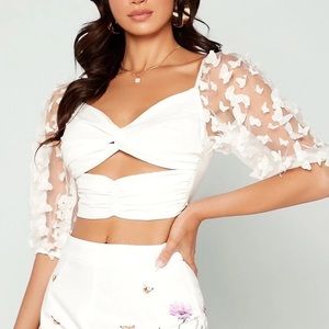 Mesh Butterfly Appliques Twist Front Cut Out Ruched Crop Blouse